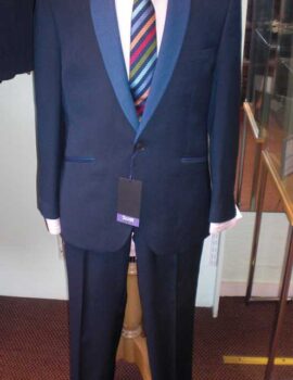 Prom Suit by Scott. French Blue with Mid Blue Contrast Shawl Lapel and Pocket Trim. Slim Fit! S.40 Left