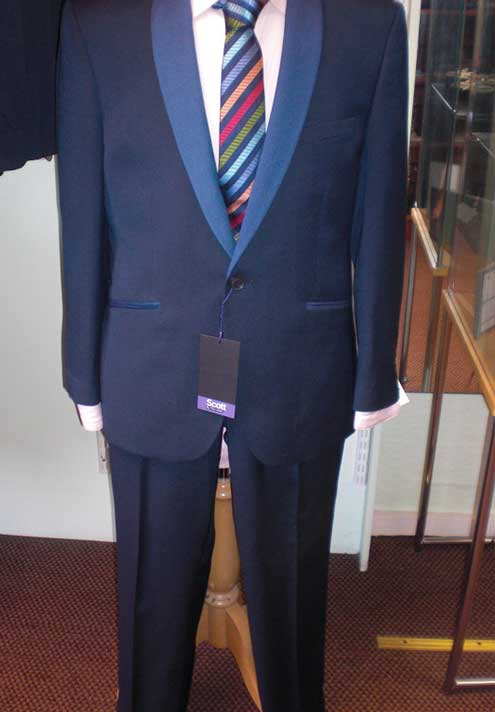 Prom Suit by Scott. French Blue with Mid Blue Contrast Shawl Lapel and Pocket Trim. Slim Fit! S.40 Left