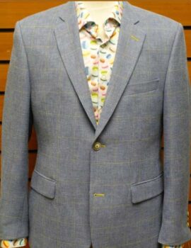 Santinelli Linen Blend Light Blue Check Jacket With Toning Stitching.