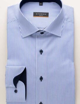 Eterna Slim Fit Blue Striped Long Sleeve Shirt With Trim.