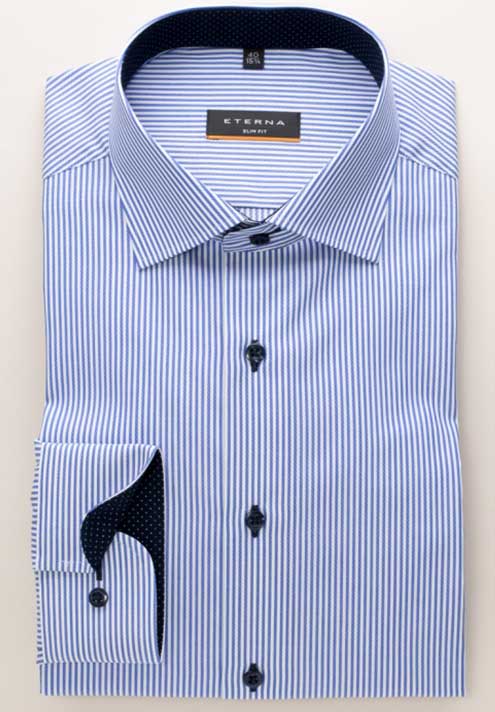 Eterna Slim Fit Blue Striped Long Sleeve Shirt With Trim.