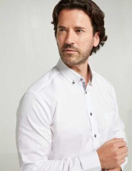 Double Two White Oxford Fabric Long Sleeve Shirt With Contrast Trim. Size 18″ Left