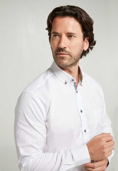 Double Two White Oxford Fabric Long Sleeve Shirt With Contrast Trim. Size 18" Left