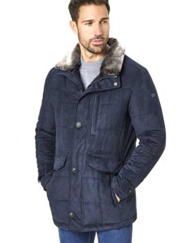 S4 Soft Quilted Dark Blue Casual Jacket With Detachable Faux Fur Collar.