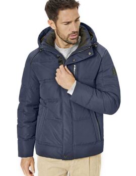 S4 Fashion Navy Quilted Casual Jacket. Embossed Fabric. Detachable Hood. Zipped and Studded Fastening