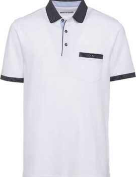 Montechiaro White Polo Shirt With Black and White Striped Collar and Cuffs. Chest Pocket.