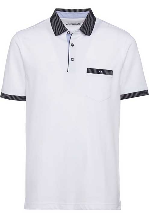 Montechiaro White Polo Shirt With Black and White Striped Collar and Cuffs. Chest Pocket.