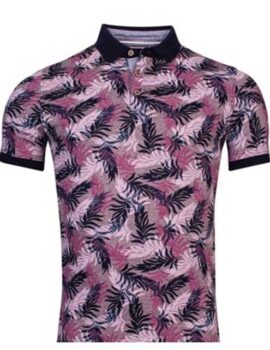 Baileys Lilac/Navy Yarn Dyed Leaf Design Printed Short Sleeve Polo shirt.