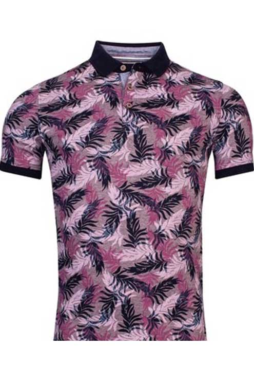 Baileys Lilac/Navy Yarn Dyed Leaf Design Printed Short Sleeve Polo shirt.