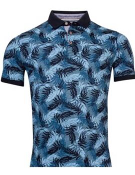 Baileys Blue Yarn Dyed Leaf Design Printed Short Sleeve Polo shirt.