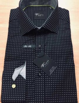 Venti Black Long Sleeve Shirt with White Spotted Pattern. Slim Fit. Limited Sizes. 15.5″ and 17″