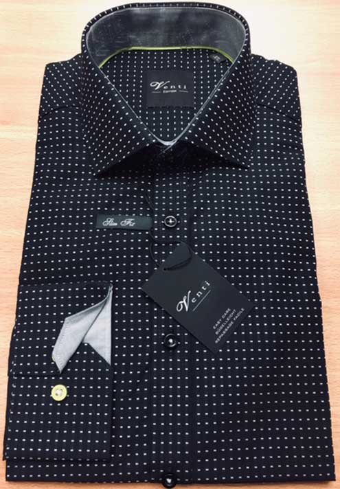 Venti Black Long Sleeve Shirt with White Spotted Pattern. Slim Fit. Limited Sizes. 15.5" and 17"