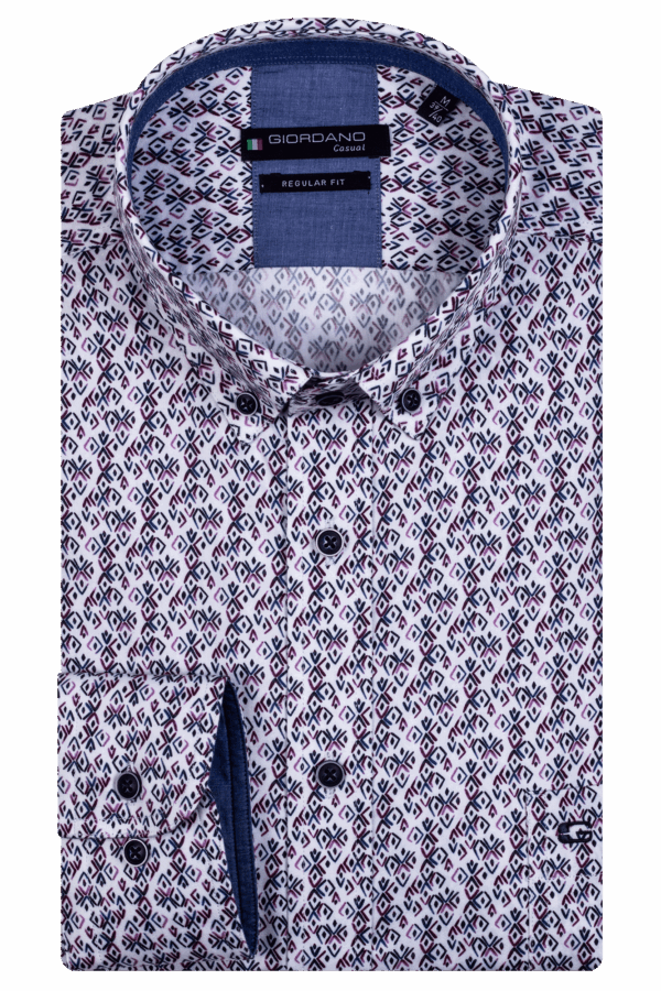 Giordano Navy/Purple Long Sleeve Printed Cotton Shirt. Modern Fit
