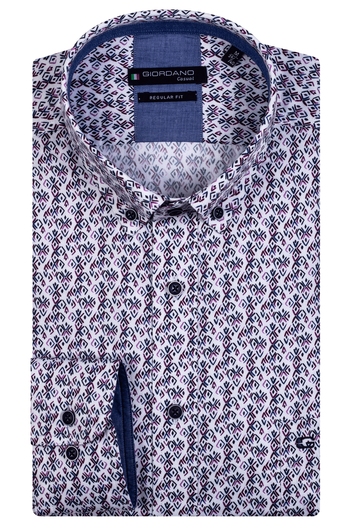 Giordano Navy/Purple Long Sleeve Printed Cotton Shirt. Modern Fit