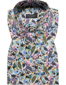 Eterna Short Sleeve Multicoloured Printed Non Iron Shirt. Comfort Fit
