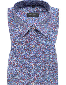 Eterna Navy and Red Printed Short Sleeve Non Iron Cotton Shirt. Comfort Fit