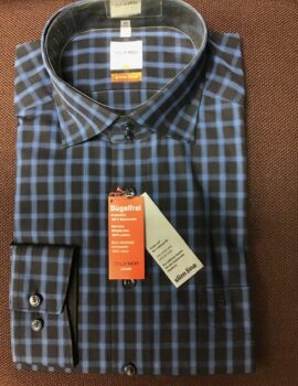 Olymp Luxor Black and Blue Check Long Sleeve Shirt. Modern Fit. Size 17″ Left