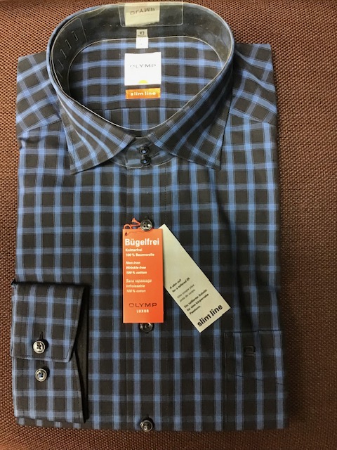 Olymp Luxor Black and Blue Check Long Sleeve Shirt. Modern Fit. Size 17" Left