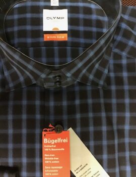 Olymp Luxor Black and Blue Check Long Sleeve Shirt. Modern Fit. Size 17″ Left