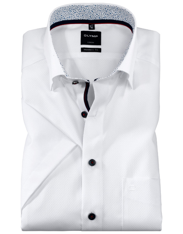 Olymp Luxor White Half Sleeve Shirt With Contrast Trim.size17.5"