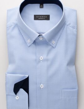 Eterna Blue Fine Check Button Down Long Sleeve shirt. Comfort Fit