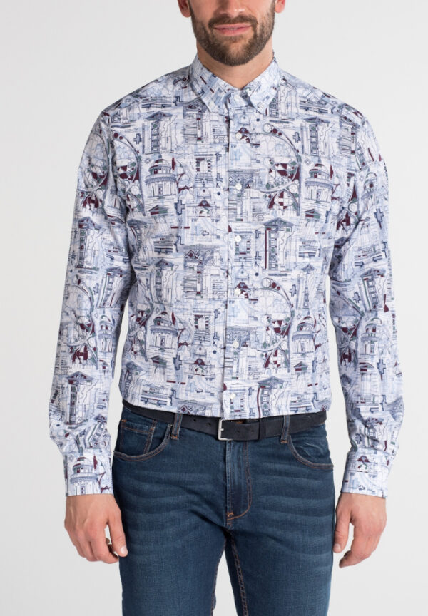 Eterna Multicoloured Printed Cotton Long Sleeve Shirt. Modern Fit. Size 17"