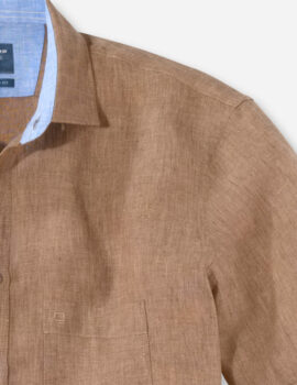 Olymp Pure Linen Caramel Half Sleeve Shirt with Trim. Modern Fit