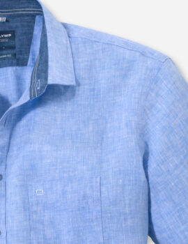 Olymp Blue Pure Linen Half Sleeve Shirt With Trim. Modern Fit