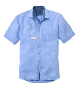 Olymp Blue Pure Linen Half Sleeve Shirt With Trim. Modern Fit
