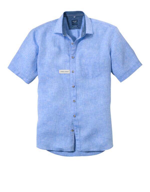 Olymp Blue Pure Linen Half Sleeve Shirt With Trim. Modern Fit