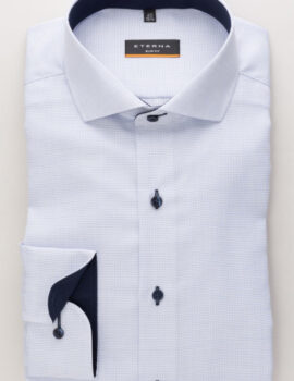 Eterna Blue Textured Slim Fit Long Sleeve Shirt With Trim