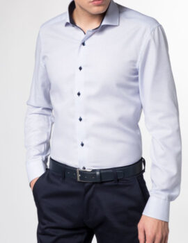 Eterna Blue Textured Slim Fit Long Sleeve Shirt With Trim