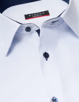 Eterna Blue Patterned Long Sleeve Shirt with Trim. Modern Fit