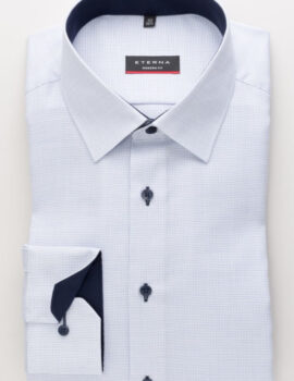 Eterna Blue Patterned Long Sleeve Shirt with Trim. Modern Fit