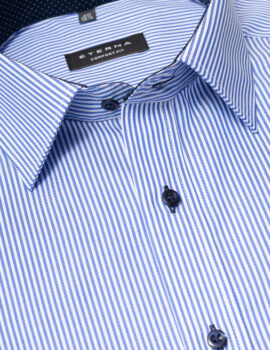 Eterna Mid Blue Striped Long Sleeve Shirt with Trim. Comfort Fit