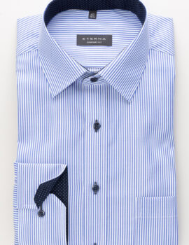 Eterna Mid Blue Striped Long Sleeve Shirt with Trim. Comfort Fit