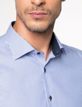 Eterna Slim Fit Blue Striped Long Sleeve Shirt With Trim.