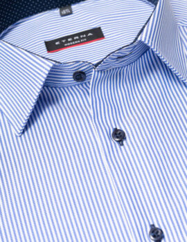Eterna Mid Blue Fine Stripe long Sleeve Shirt With Trim. Modern Fit