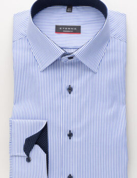 Eterna Mid Blue Fine Stripe long Sleeve Shirt With Trim. Modern Fit