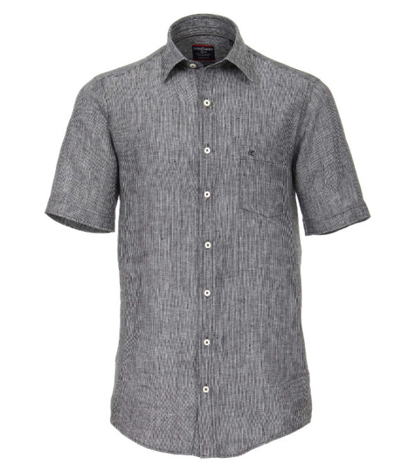 Casa Moda Black Striped Pure Linen Half Sleeve Shirt. Size 5XL Available