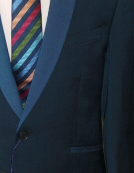 Prom Suit by Scott. French Blue with Mid Blue Contrast Shawl Lapel and Pocket Trim. Slim Fit! S.40 Left