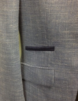 Scott Blue Linen Mix Single Breasted jacket with Navy Piping. 42″ Short Left