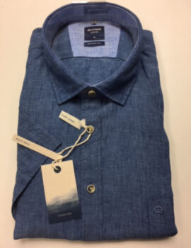 Olymp Mid Blue Pure Linen Half Sleeve Shirt With Trim. Large Size 3XL Left