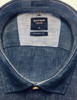 Olymp Mid Blue Pure Linen Half Sleeve Shirt With Trim. Large Size 3XL Left