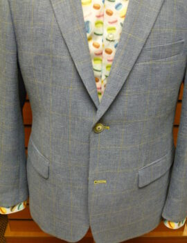Santinelli Linen Blend Light Blue Check Jacket With Toning Stitching.
