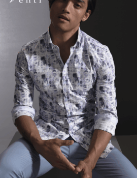 Venti White Purple and Navy Print Design Long Sleeve Shirt. Slim Fit