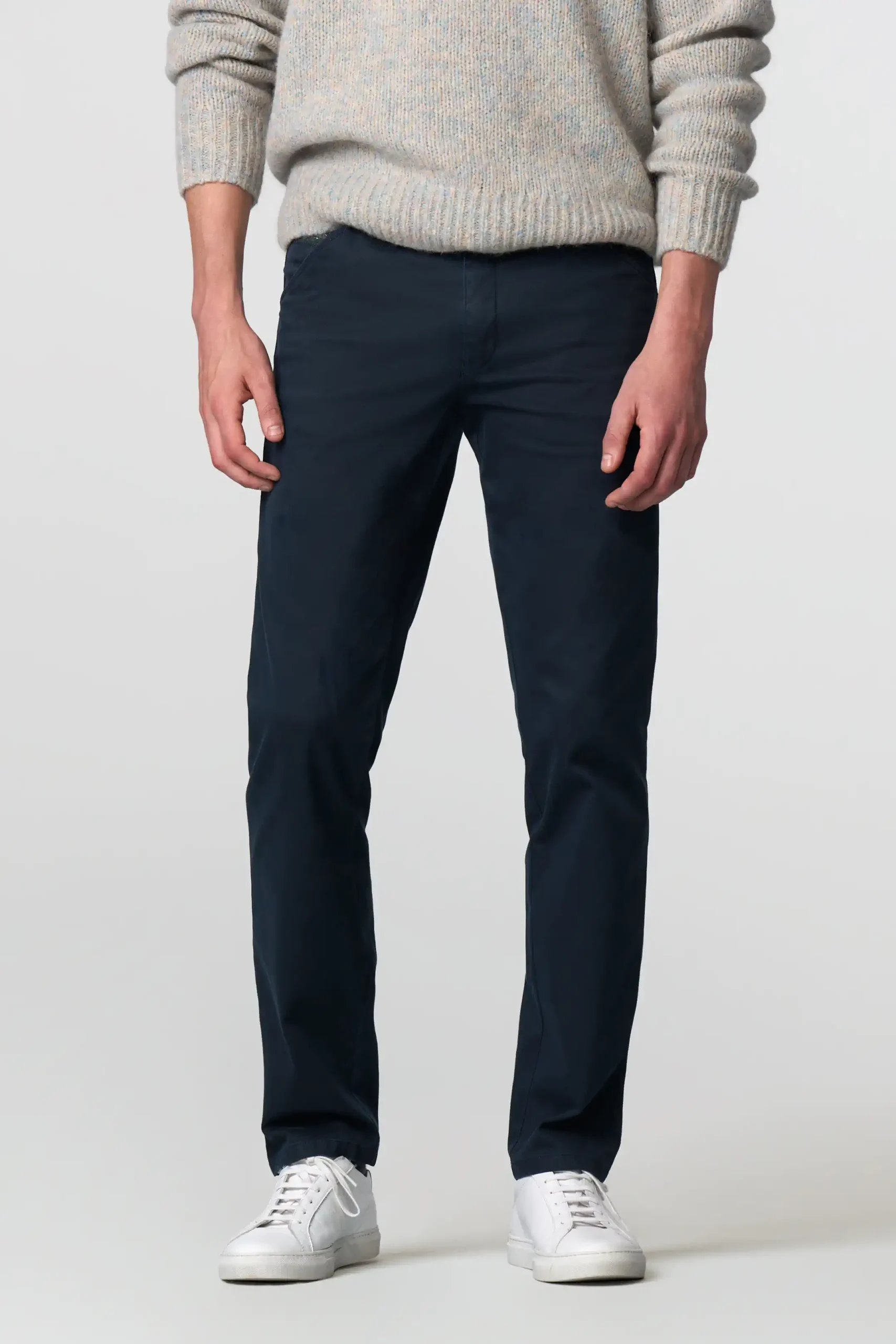 Meyer Navy Fine Micro Stretch Cotton Autumn Weight Trousers. Chicago Style.