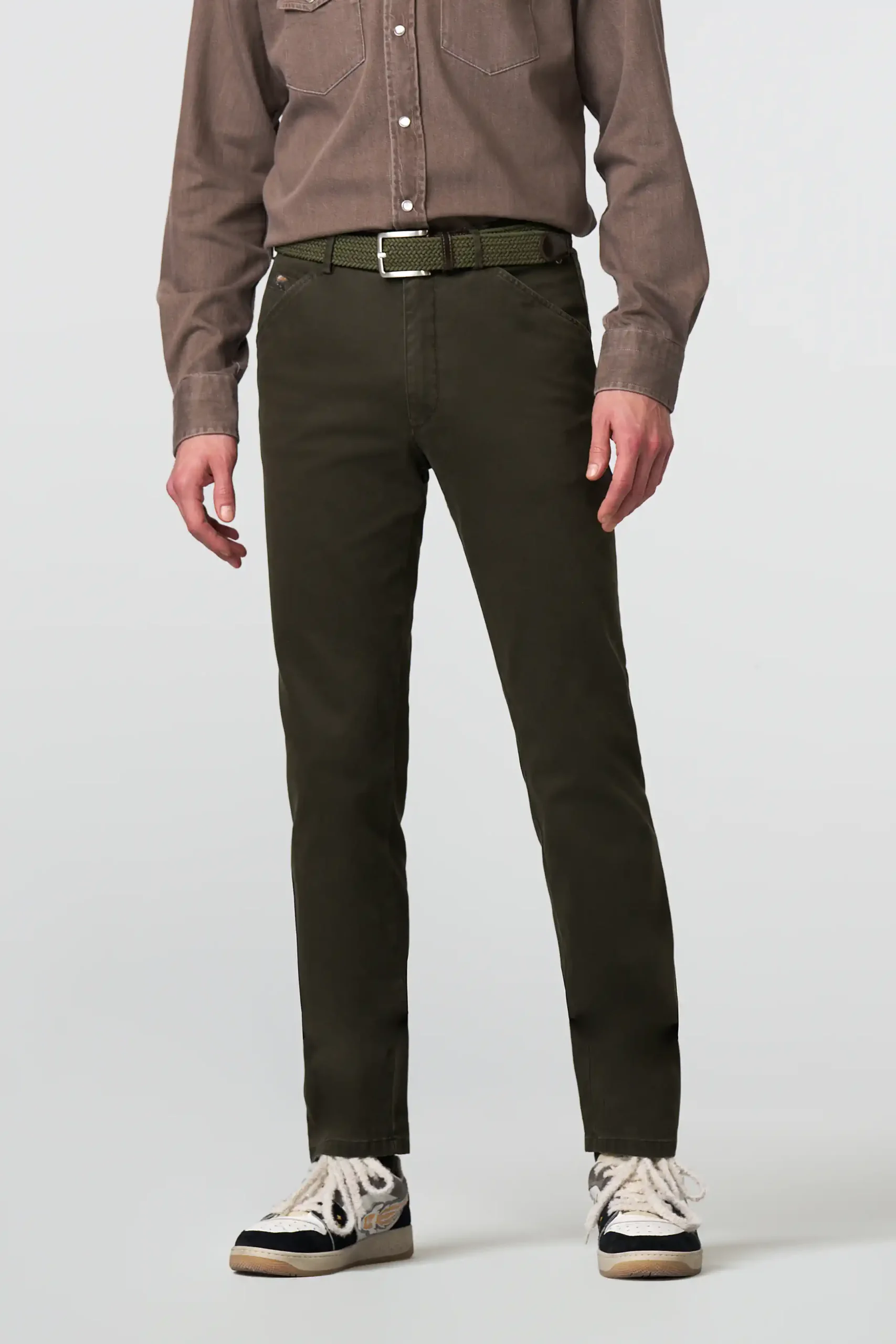 Meyer Laurel Green Fine Micro Stretch Cotton Autumn Weight Trousers. Chicago Style